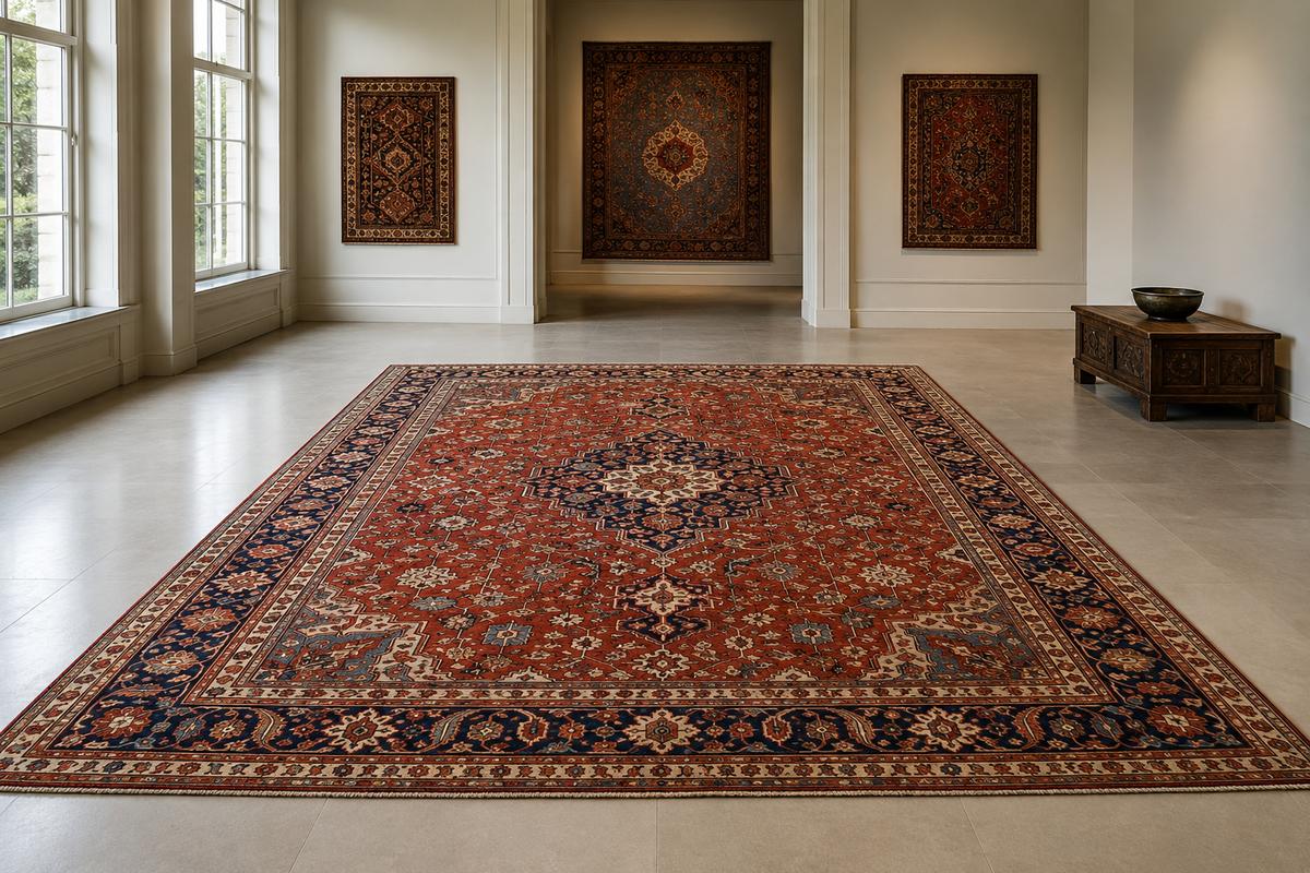 Antique Persian Heriz rug with a bold geometric central medallion in rust red, navy and ivory